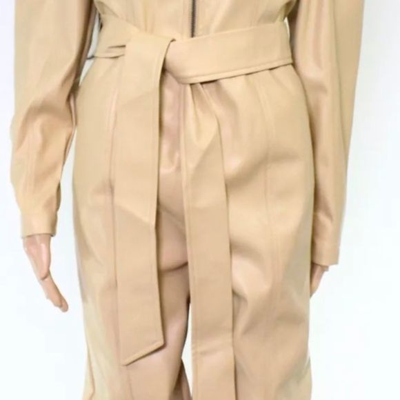 INC Womens Jumpsuit Beige Size Medium M Faux Leather Puff Sleeve$129 - Picture 5 of 5